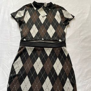NEW Divided Dress Women Small Short Sleeve Body-con Brown Multicolored Argyle